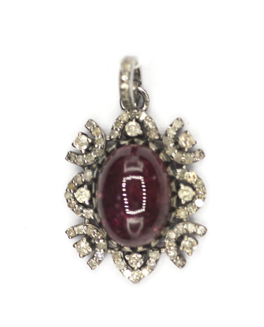 Oval Silver Diamond Pendant With Tourmaline Stone