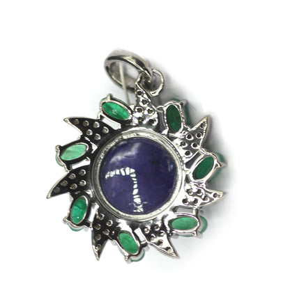 Flower Silver Diamond Pendant With Tanzanite Emerald Stone