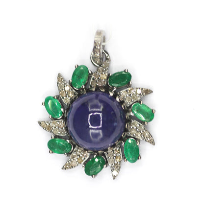 Flower Silver Diamond Pendant With Tanzanite Emerald Stone