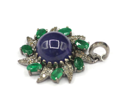 Flower Silver Diamond Pendant With Tanzanite Emerald Stone