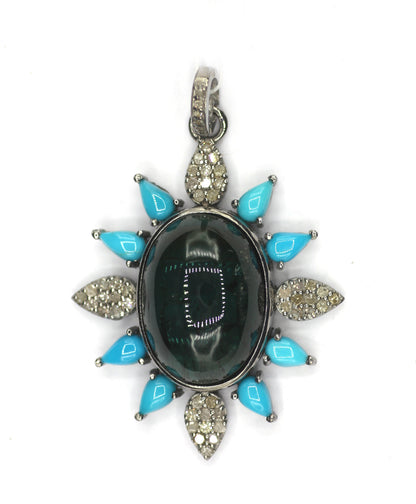 Green Tourmaline Silver Diamond Pendant With Turquoise Stone
