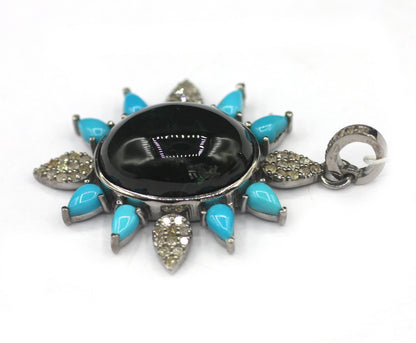 Green Tourmaline Silver Diamond Pendant With Turquoise Stone