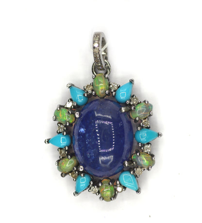 Tanzanite Stone Silver Diamond Pendant With Turquoise And Ethiopian opal Stone