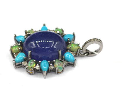 Tanzanite Stone Silver Diamond Pendant With Turquoise And Ethiopian opal Stone