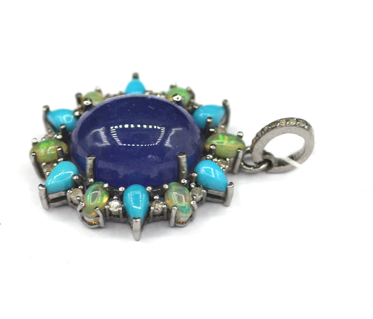 Tanzanite Stone Silver Diamond Pendant With Turquoise And Ethiopian opal Stone