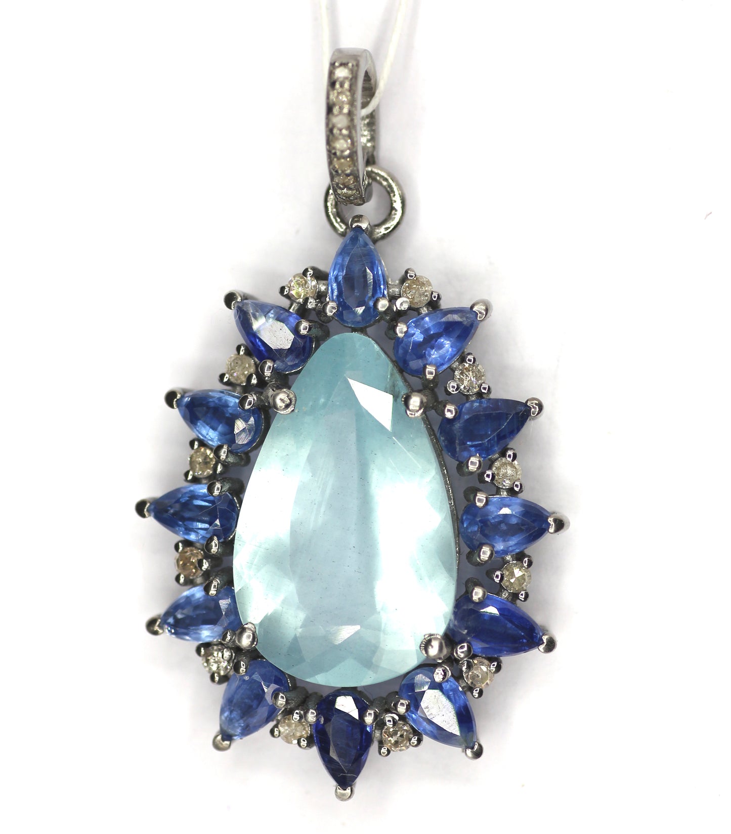 Aquamarine Silver Diamond Pendant With Kyanite Stone