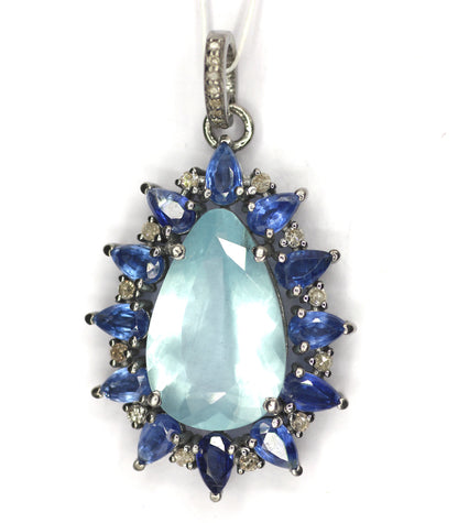 Aquamarine Silver Diamond Pendant With Kyanite Stone