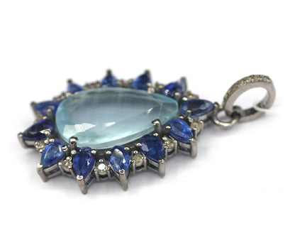 Aquamarine Silver Diamond Pendant With Kyanite Stone