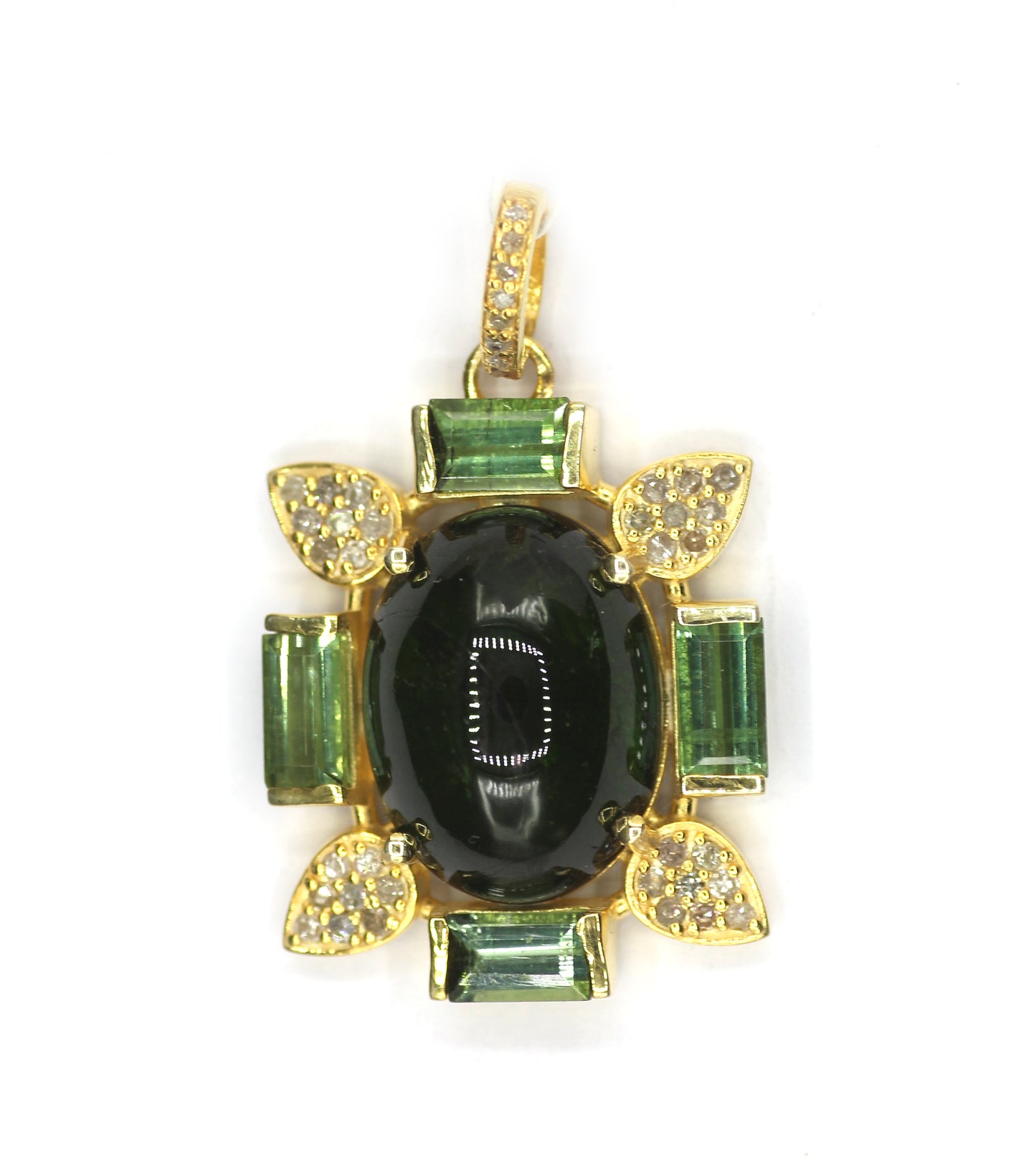 Green Tourmaline Silver Diamond Pendant