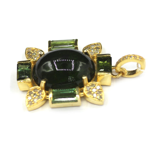 Green Tourmaline Silver Diamond Pendant