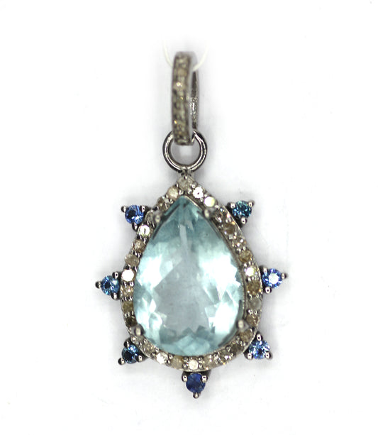 Aquamarine Silver Diamond Pendant With Blue Sapphire Stone