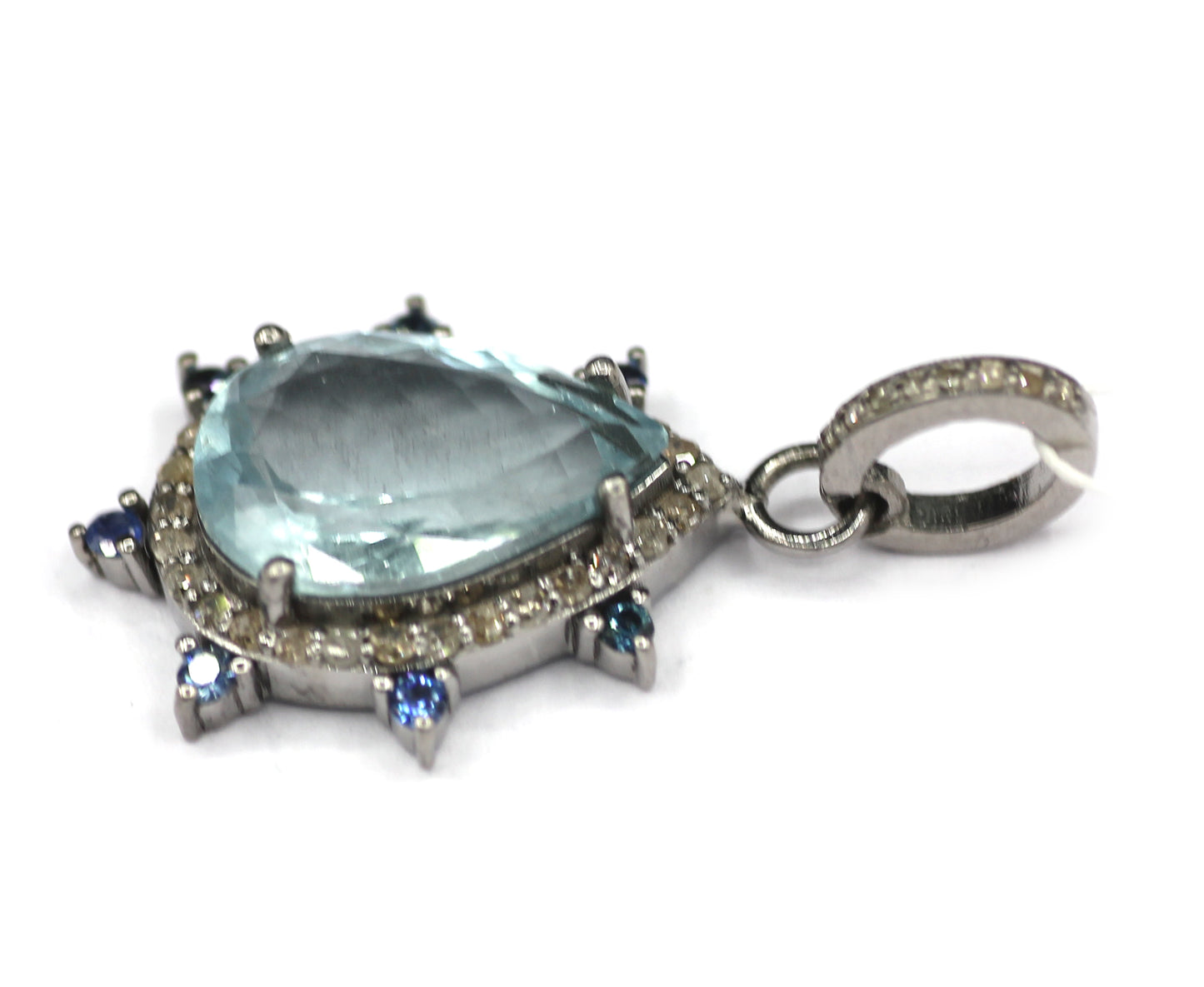 Aquamarine Silver Diamond Pendant With Blue Sapphire Stone