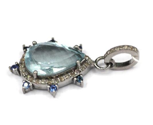 Aquamarine Silver Diamond Pendant With Blue Sapphire Stone