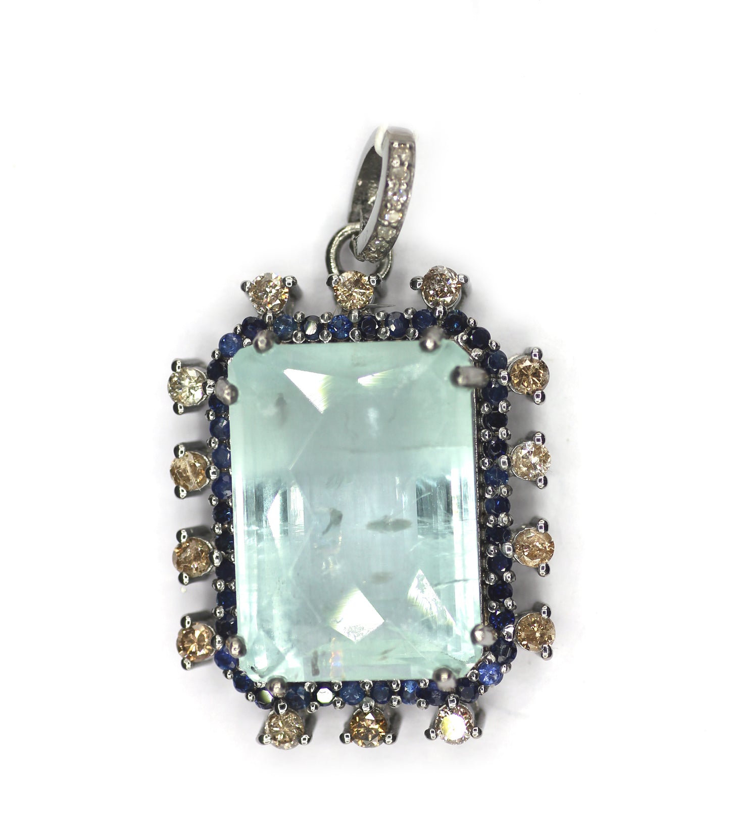 Aqua Rectangle Shape Silver Diamond Pendant
