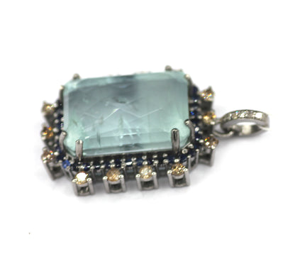 Aqua Rectangle Shape Silver Diamond Pendant
