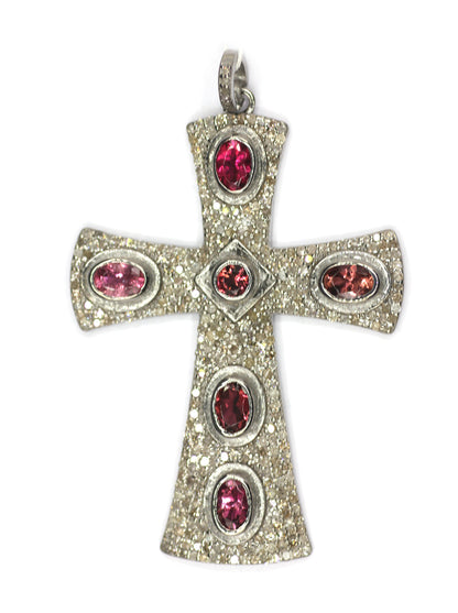 Cross Silver Diamond Pendant With Tourmaline Stone