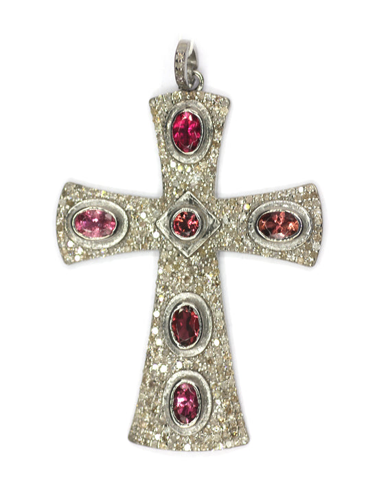 Cross Silver Diamond Pendant With Tourmaline Stone