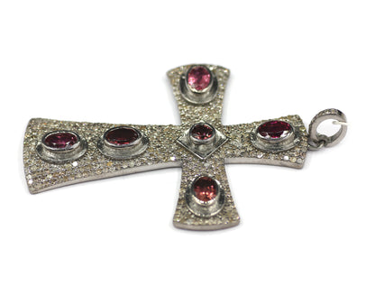 Cross Silver Diamond Pendant With Tourmaline Stone