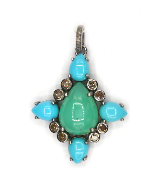 Turquoise Stone Silver Diamond Pendant