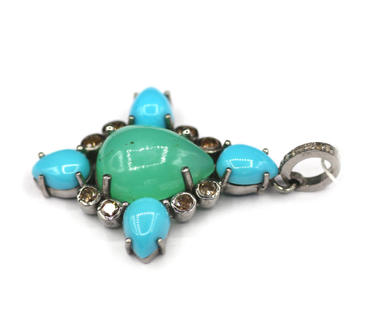 Turquoise Stone Silver Diamond Pendant