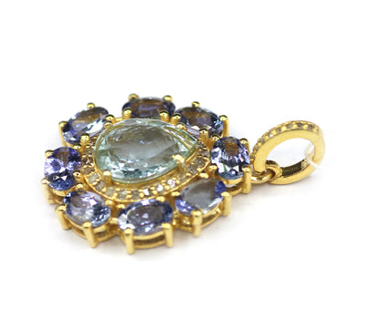 Aquamarine Silver Diamond Pendant With Tanzanite Stone