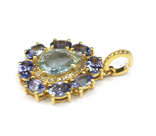 Aquamarine Silver Diamond Pendant With Tanzanite Stone