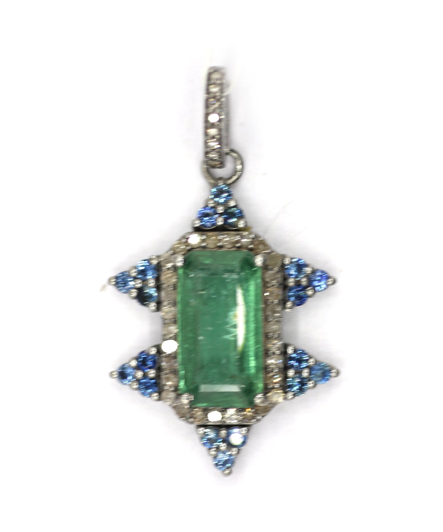 Emerald Silver Diamond Pendant With And Blue sapphire Stone