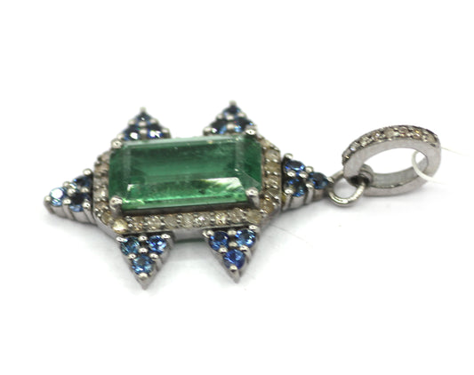 Emerald Silver Diamond Pendant With And Blue sapphire Stone