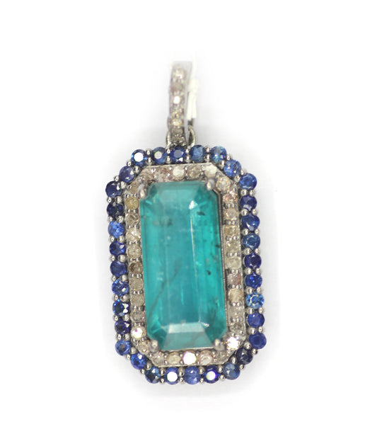 Green Kyanite sterling silver Diamond Pendant With Blue Sapphire Stone