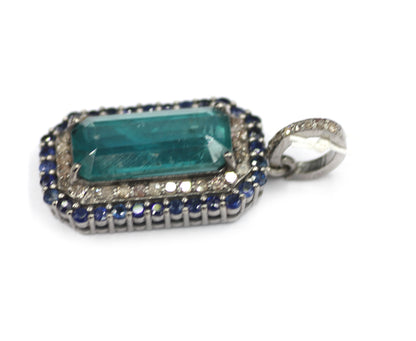 Green Kyanite sterling silver Diamond Pendant With Blue Sapphire Stone