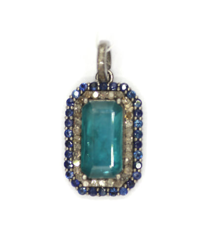 Green Kyanite sterling silver Diamond Pendant With Blue Sapphire Stone