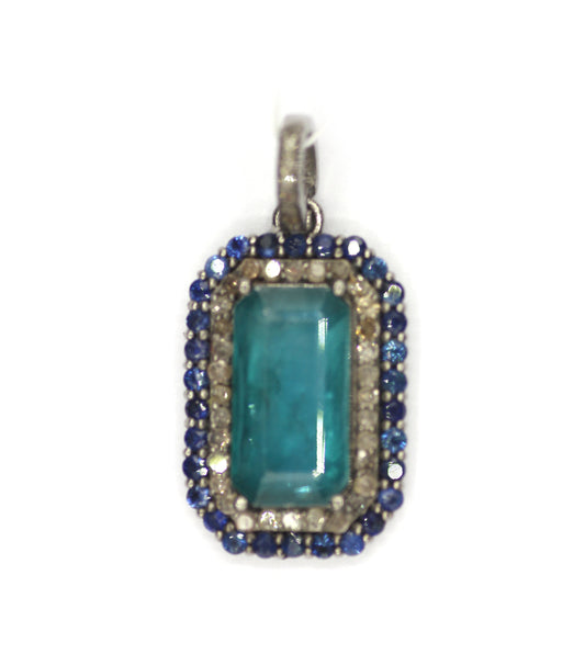 Green Kyanite sterling silver Diamond Pendant With Blue Sapphire Stone