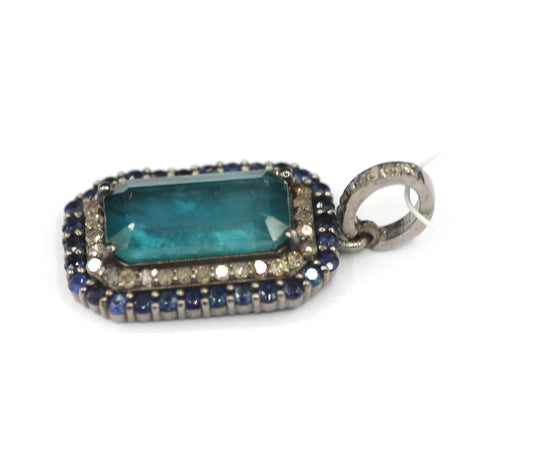 Green Kyanite sterling silver Diamond Pendant With Blue Sapphire Stone