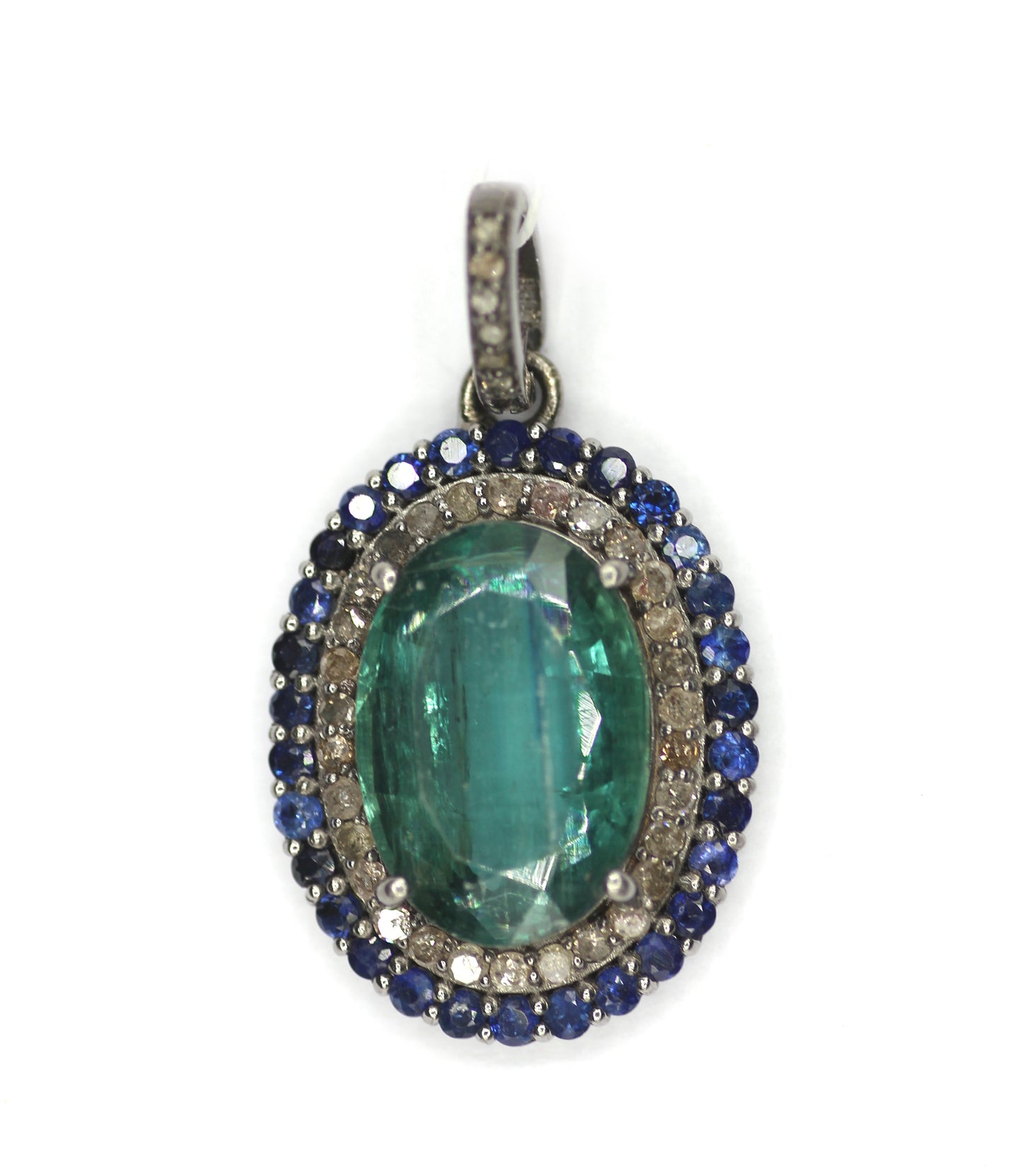 Green Kyanite sterling silver Diamond Pendant With Blue Sapphire Stone