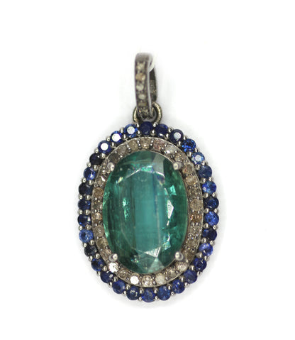 Green Kyanite sterling silver Diamond Pendant With Blue Sapphire Stone