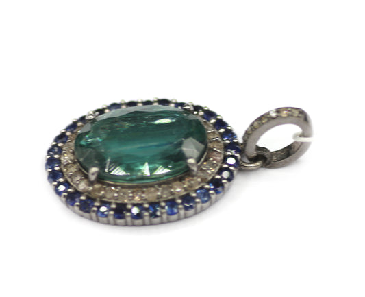 Green Kyanite sterling silver Diamond Pendant With Blue Sapphire Stone