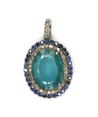 Green Kyanite sterling silver Diamond Pendant With Blue Sapphire Stone
