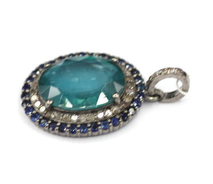 Green Kyanite sterling silver Diamond Pendant With Blue Sapphire Stone