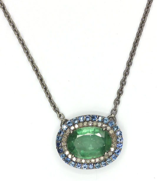 Green Kyanite sterling silver Diamond Pendant Necklace With Blue Sapphire Stone