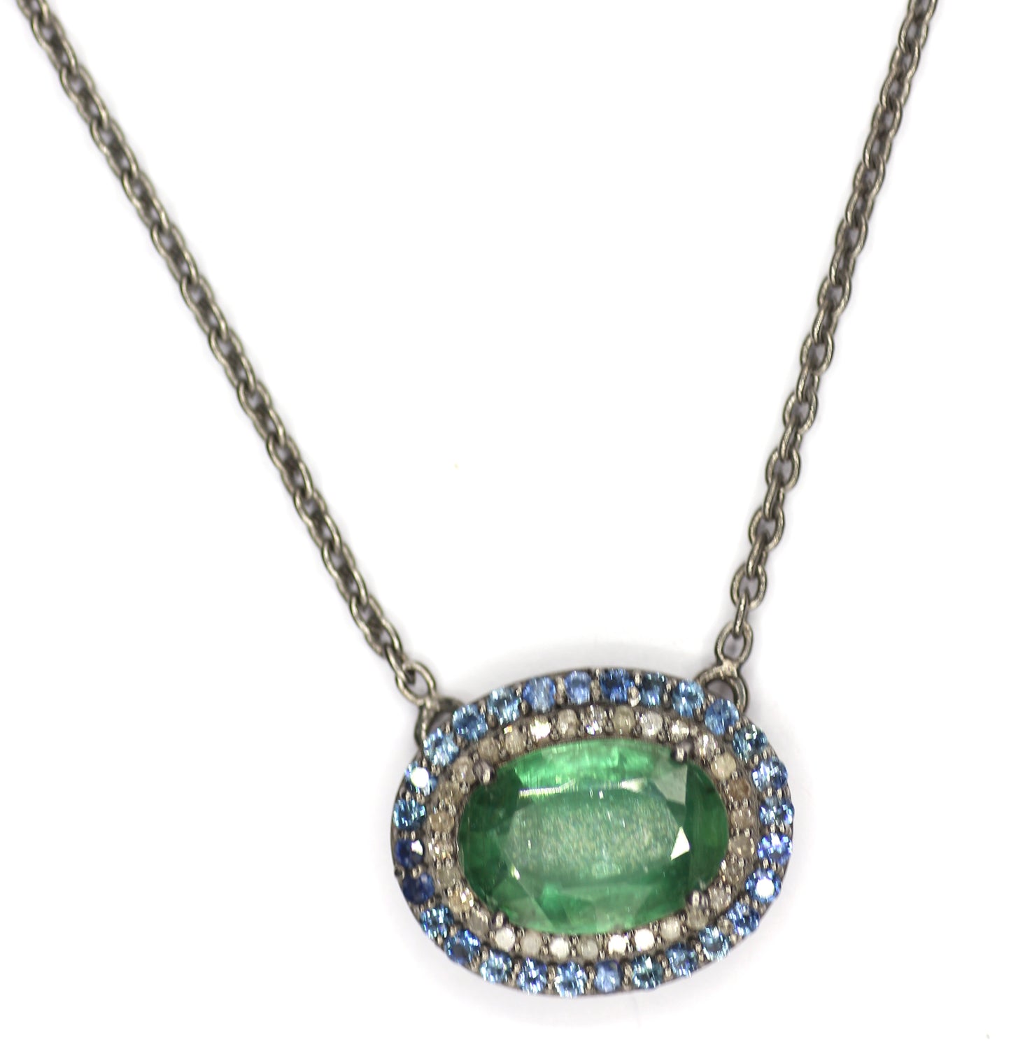 Green Kyanite sterling silver Diamond Pendant Necklace With Blue Sapphire Stone