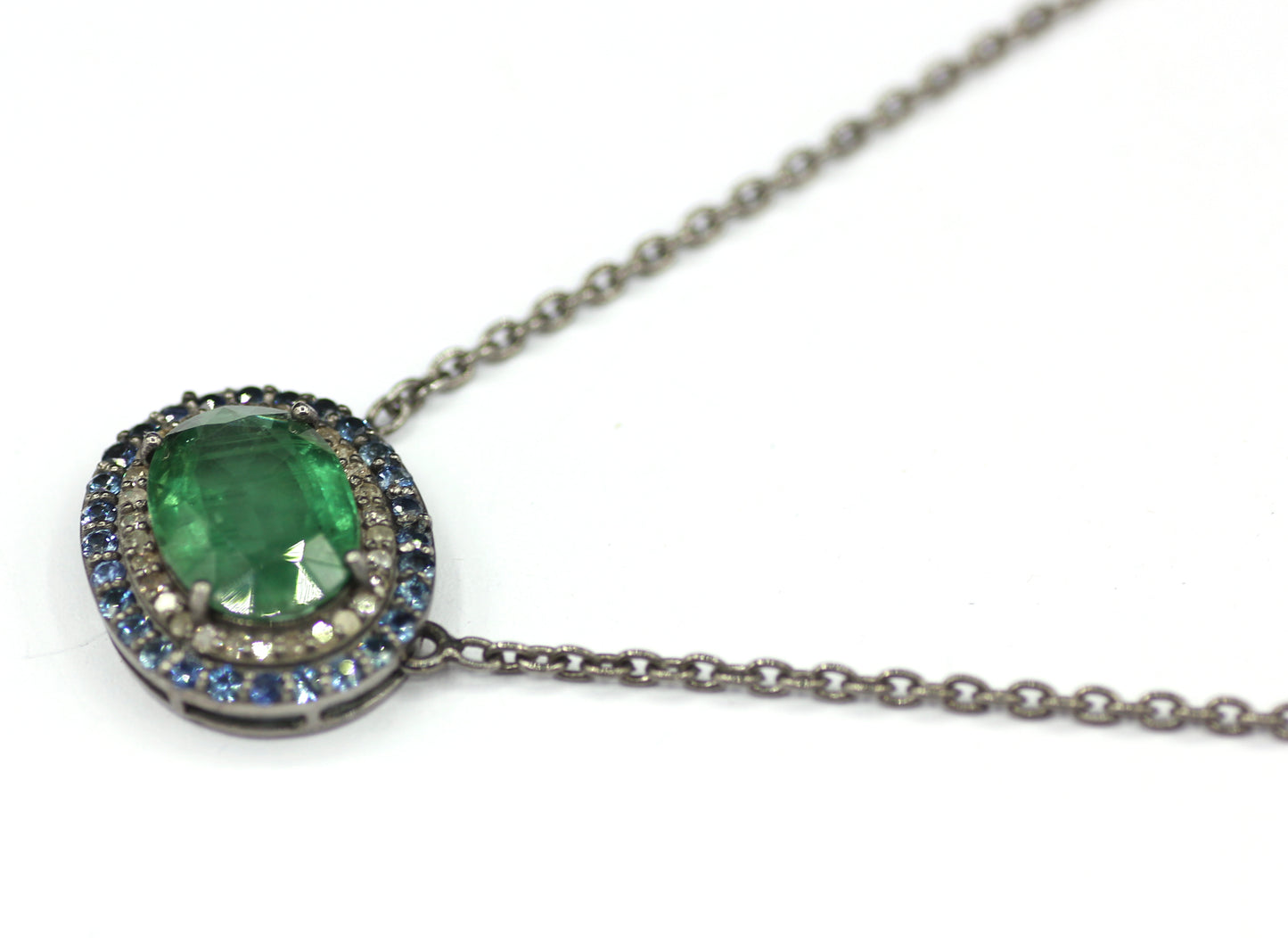 Green Kyanite sterling silver Diamond Pendant Necklace With Blue Sapphire Stone