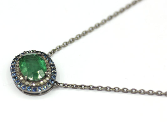 Green Kyanite sterling silver Diamond Pendant Necklace With Blue Sapphire Stone