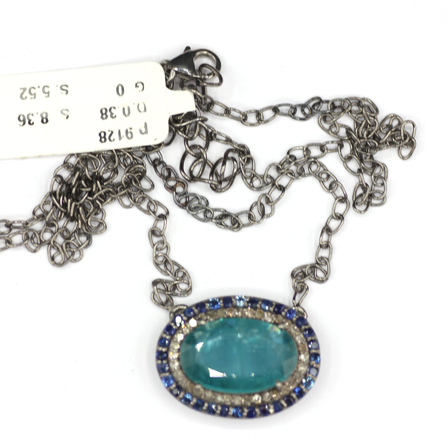 Green Kyanite sterling silver Diamond Pendant Necklace With Blue Sapphire Stone