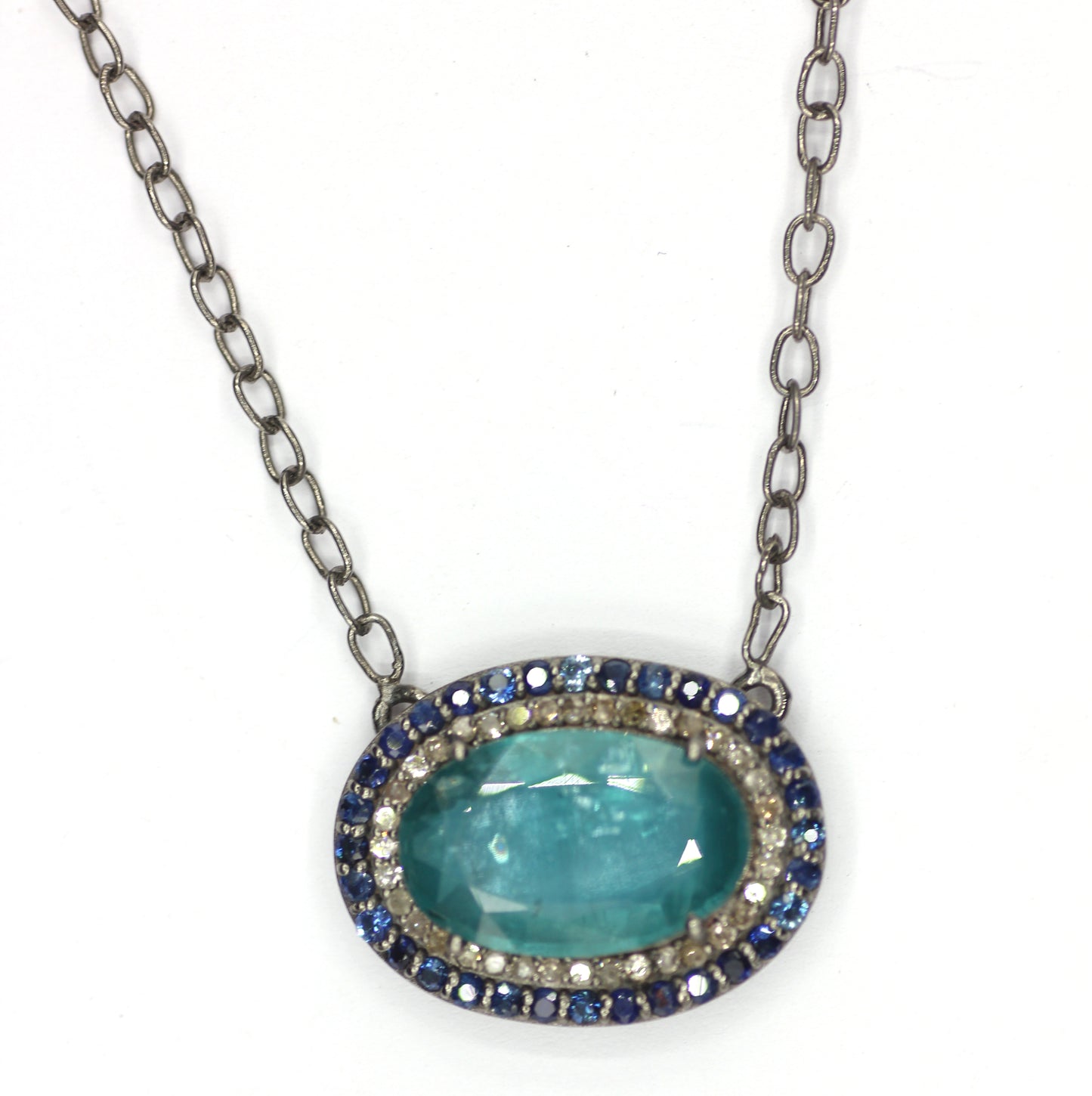 Green Kyanite sterling silver Diamond Pendant Necklace With Blue Sapphire Stone