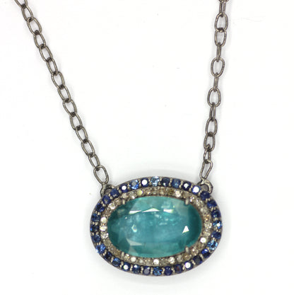 Green Kyanite sterling silver Diamond Pendant Necklace With Blue Sapphire Stone