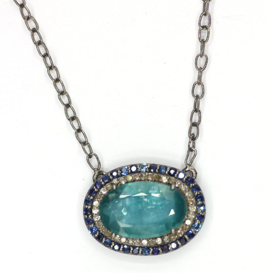 Green Kyanite sterling silver Diamond Pendant Necklace With Blue Sapphire Stone
