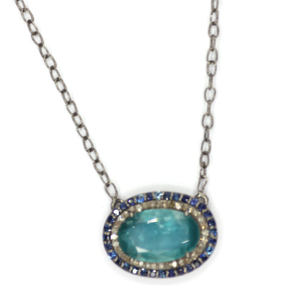 Green Kyanite sterling silver Diamond Pendant Necklace With Blue Sapphire Stone