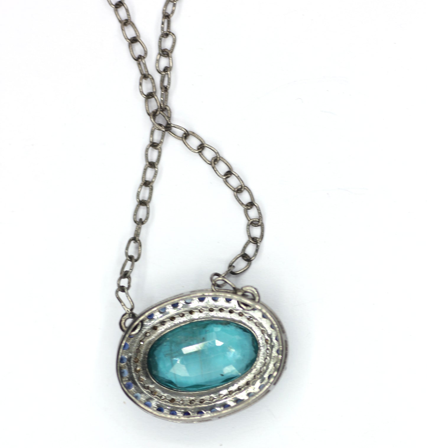 Green Kyanite sterling silver Diamond Pendant Necklace With Blue Sapphire Stone