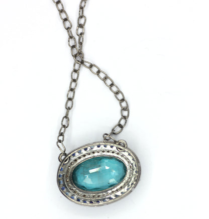 Green Kyanite sterling silver Diamond Pendant Necklace With Blue Sapphire Stone