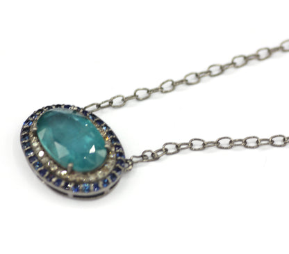 Green Kyanite sterling silver Diamond Pendant Necklace With Blue Sapphire Stone